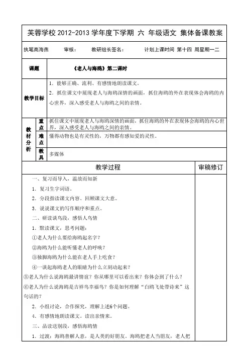 《老人与海鸥》第二课时六年级上册语文教案