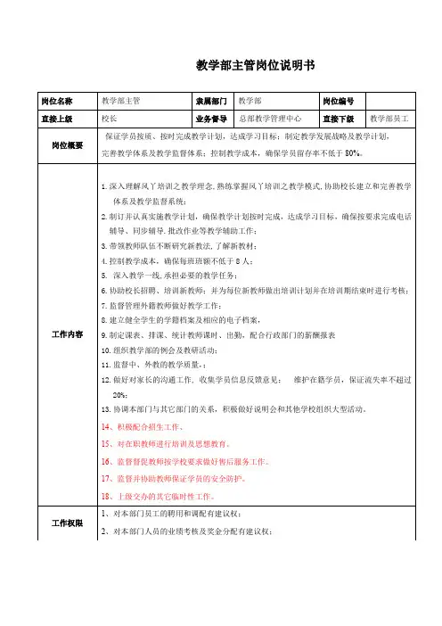 教学部主管岗位说明书