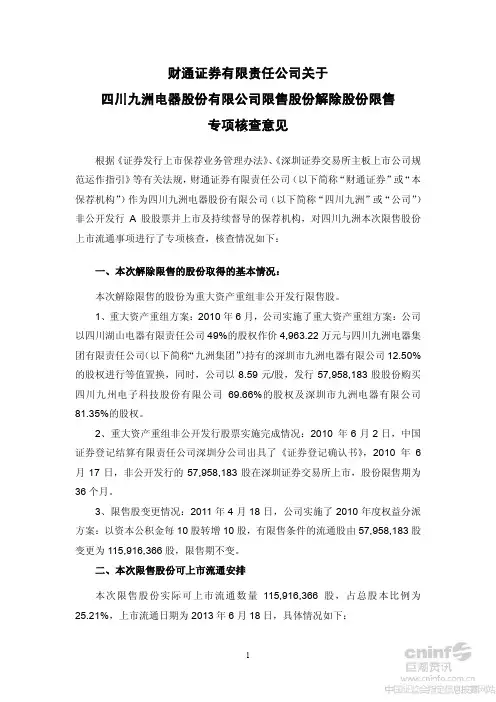 四川九洲财通证券有限责任公司关于公司限售股份解除股份限售专项核查意见