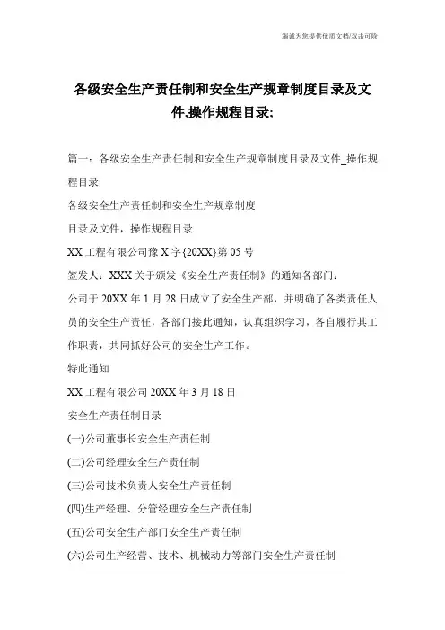 各级安全生产责任制和安全生产规章制度目录及文件,操作规程目录;