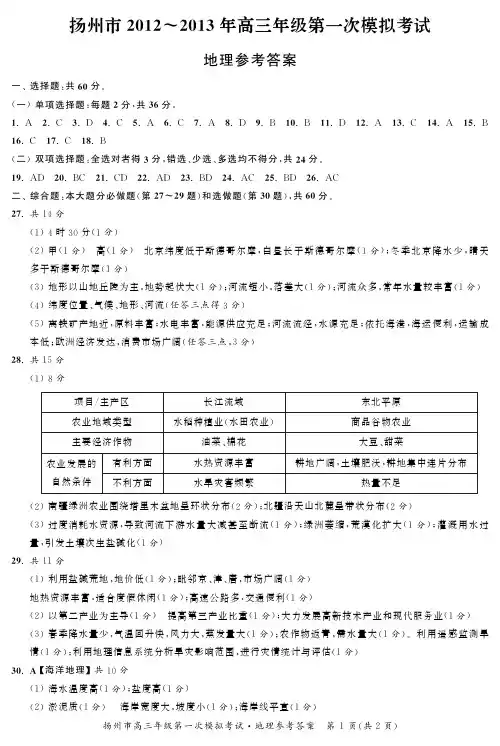 扬州2013高三模拟考试地理答案