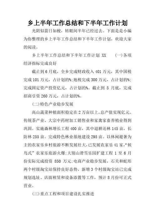 乡上半年工作总结和下半年工作计划