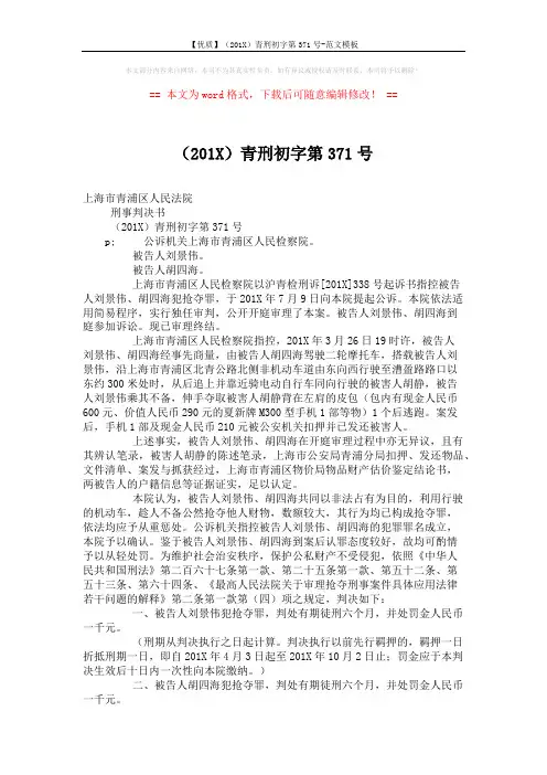 【优质】(201X)青刑初字第371号-范文模板 (2页)