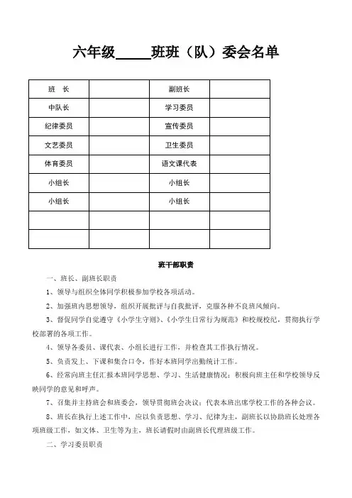 班委会名单及班干部职责