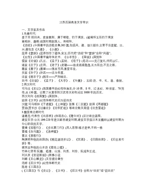 2019年江苏高考语文文学常识附加题部分(高考必备)