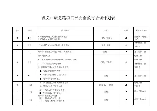 安全教育培训计划表