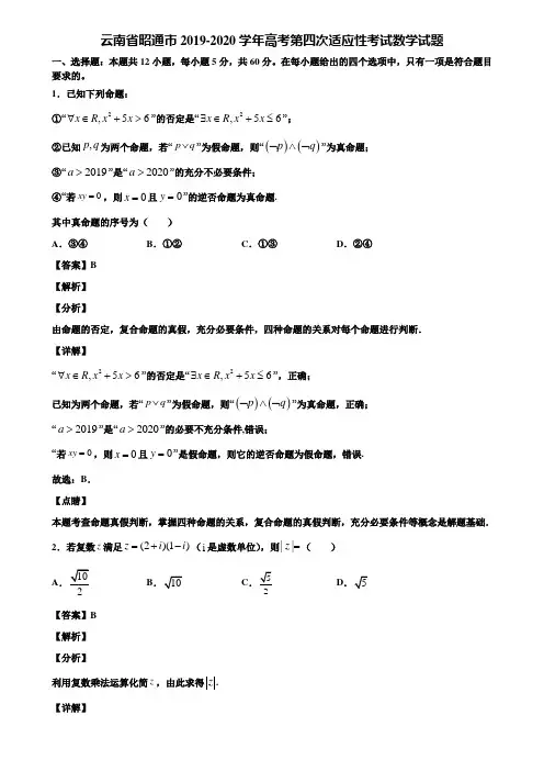 云南省昭通市2019-2020学年高考第四次适应性考试数学试题含解析
