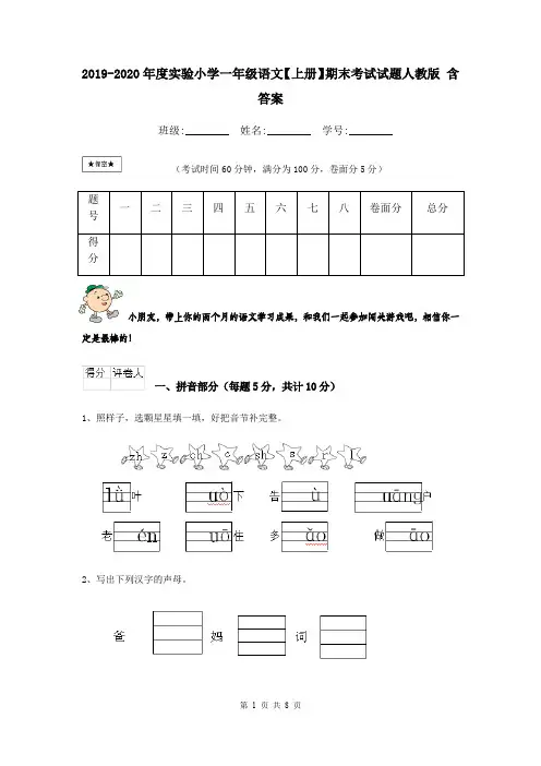 2019-2020年度实验小学一年级语文【上册】期末考试试题人教版 含答案