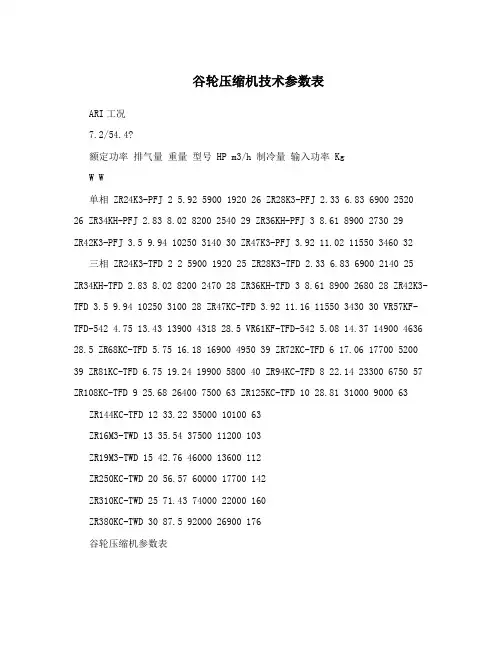 谷轮压缩机技术参数表