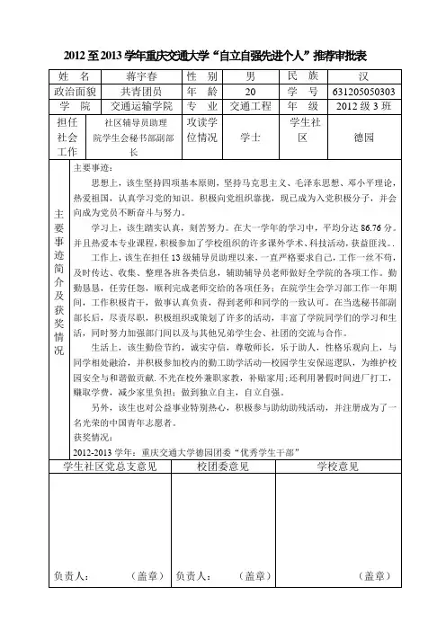 自立自强先进个人 申请表