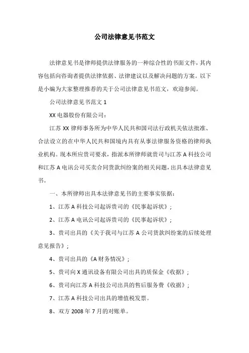公司法律意见书范文