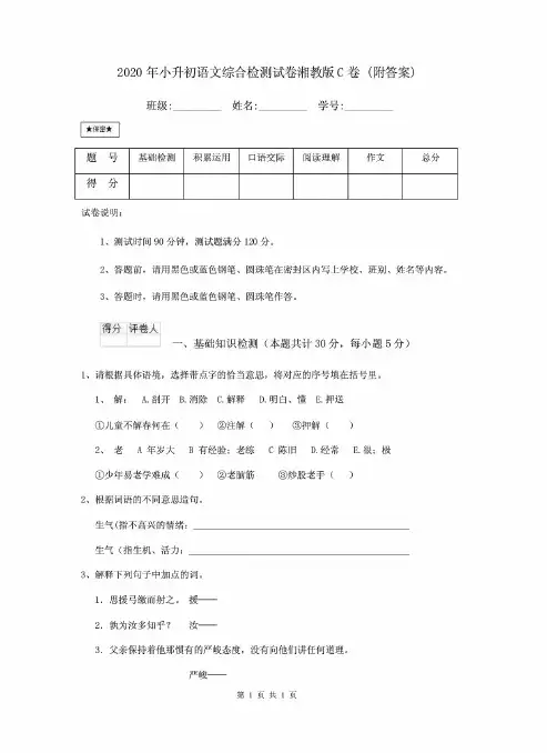 2020年小升初语文综合检测试卷湘教版C卷 (附答案)