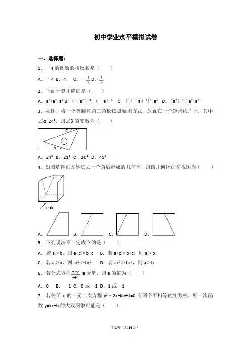 初中学业水平模拟试卷(含答案)