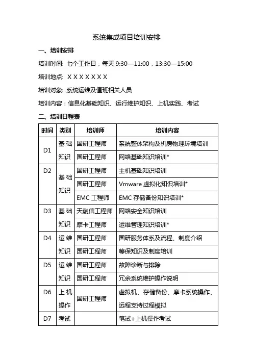 系统集成项目培训安排