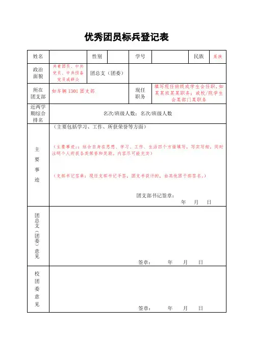 优秀团员标兵登记表