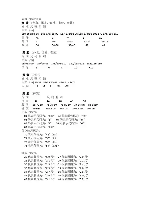 衣服尺码对照表