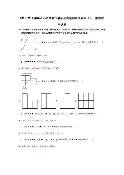 2011-2012学年江苏省盐城市射阳县实验初中九年级(下)期中数学试卷