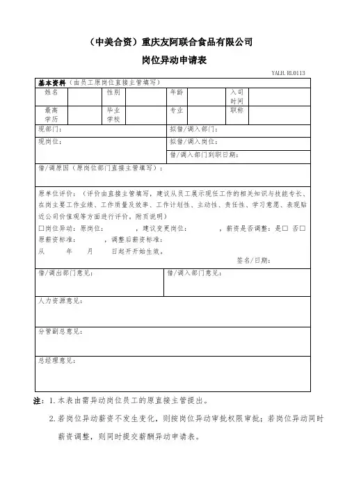 员工岗位异动申请表