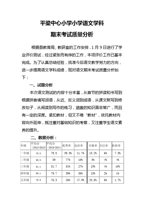 小学语文期末考试质量分析