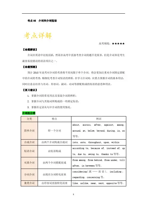 高中英语语法知识点 介词和介词短语