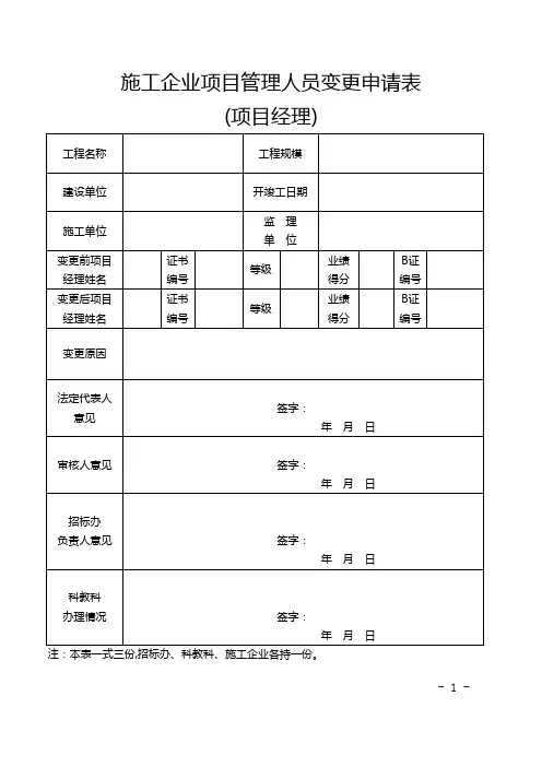 施工企业项目管理人员变更申请表((项目经理)