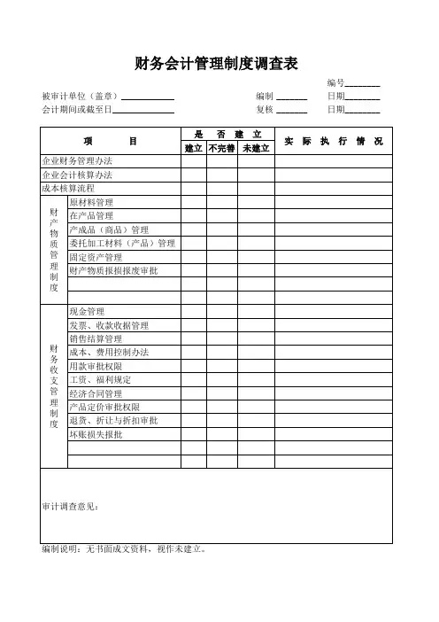 财务会计管理制度调查表