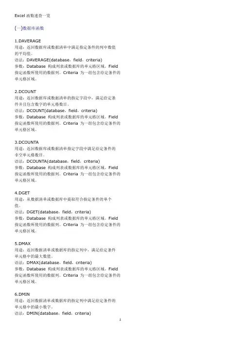 Excel函数速查一览