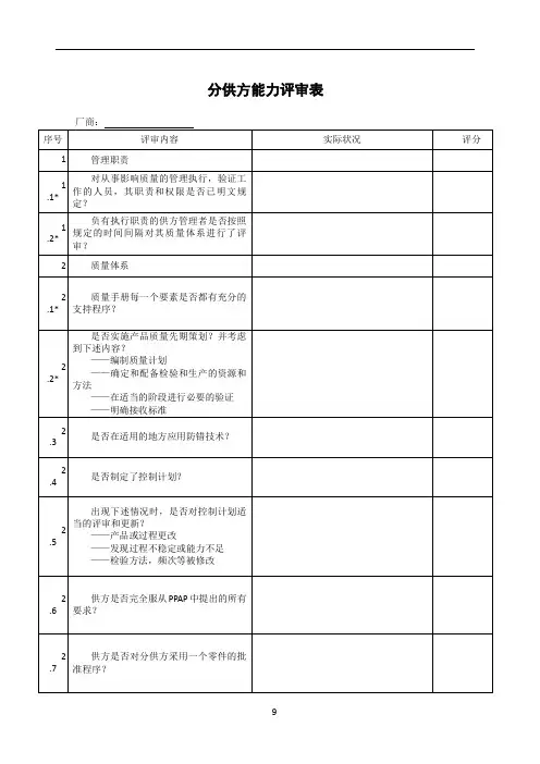 分供方质量能力评审表