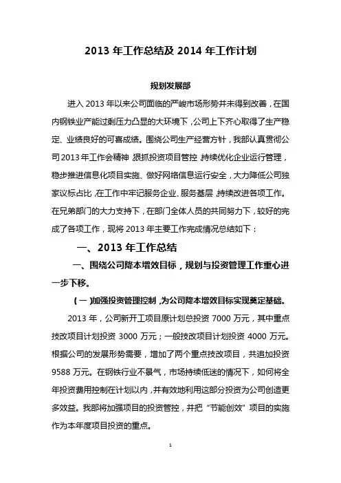 规划发展部2013年工作总结及2014年工作计划