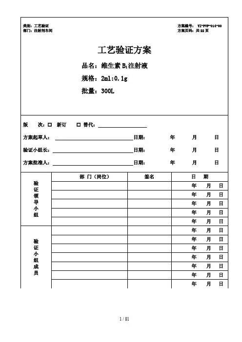 注射剂车间工艺验证方案