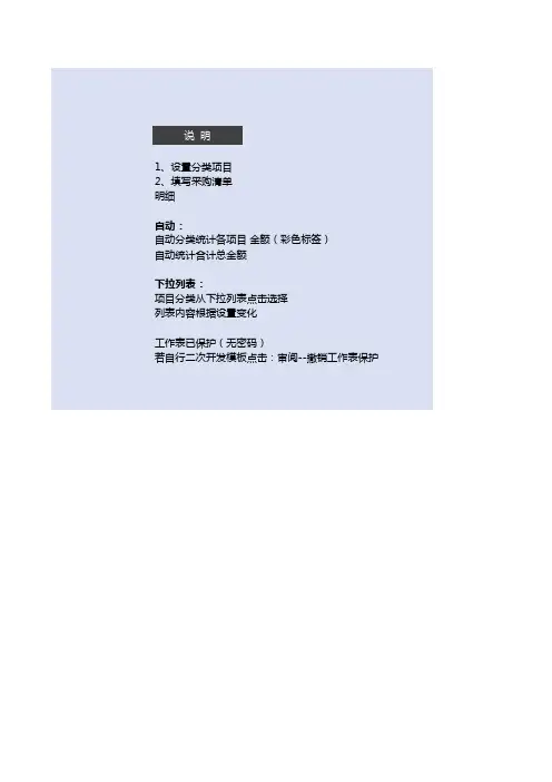 Excel表格模板:采购清单(自动统计分类及总金额、分类可设置)