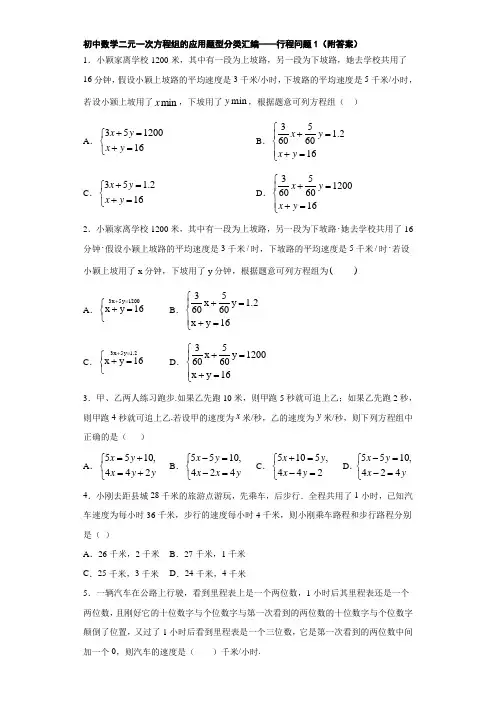 初中数学二元一次方程组的应用题型分类汇编——行程问题1(附答案)