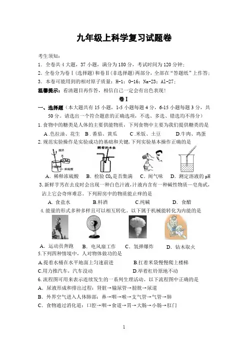 九年级上科学复习试题卷