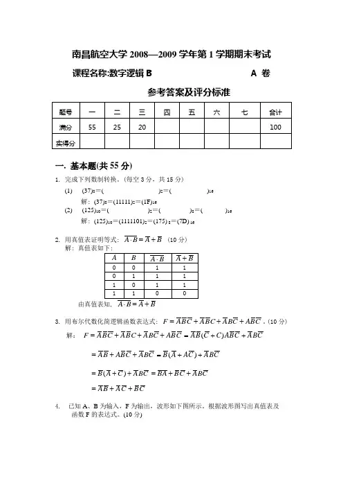 2008-2009(1)数字逻辑B试卷(A)参考答案(