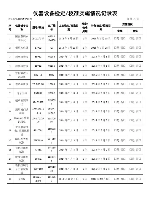 仪器设备检定、校准实施记录