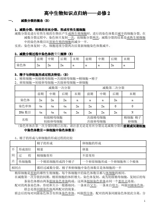 高中生物知识点归纳必修2打印