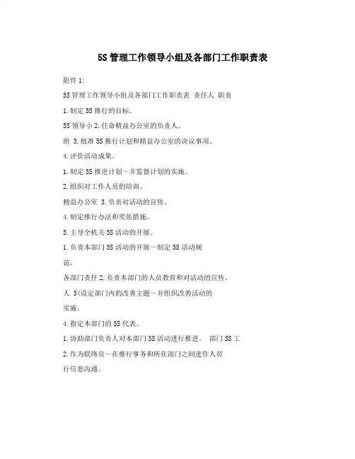 5S管理工作领导小组及各部门工作职责表
