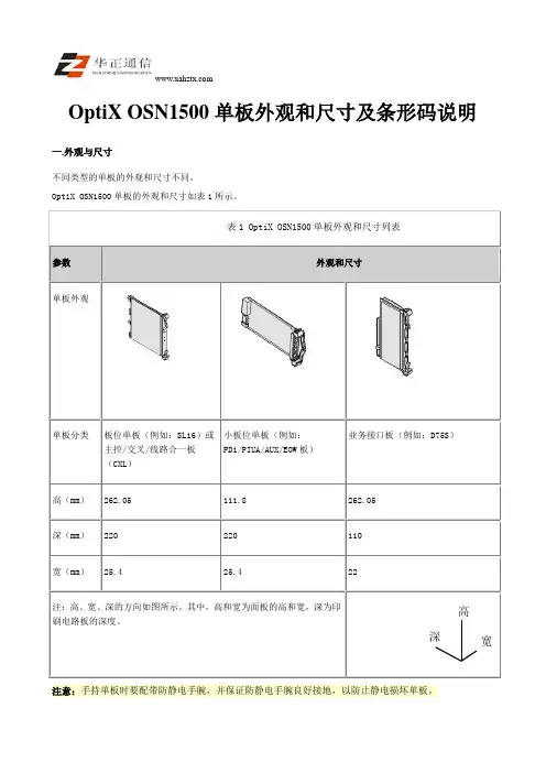 OptiX OSN1500单板外观和尺寸及条形码说明