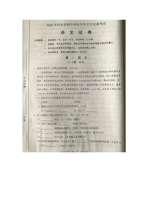 河北省2020年中考语文试题(图片版,含答案)
