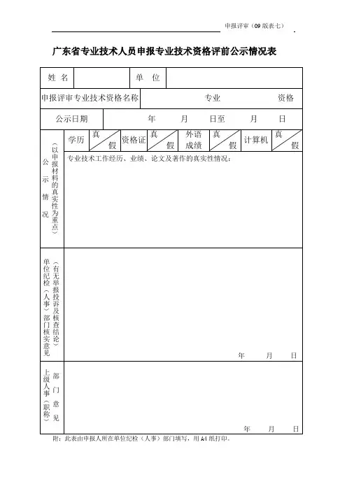 广东省职称评审表七广东省专业技术人员申报专业技术资格评前公示情况表