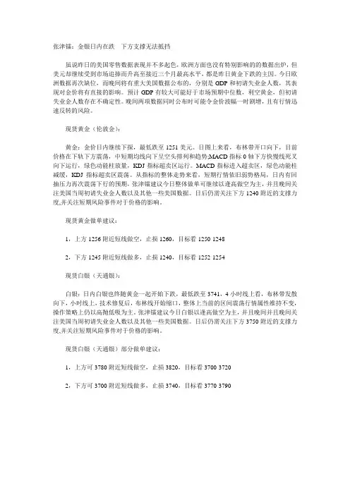 张津镭：金银日内在跌  下方支撑无法抵挡