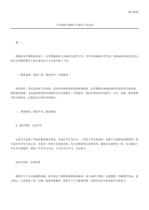 九年级语文教师个人教学工作总结