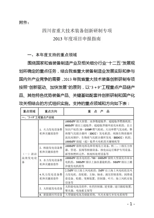 四川省重大技术装备创新研制专项 2013年度项目申报指南
