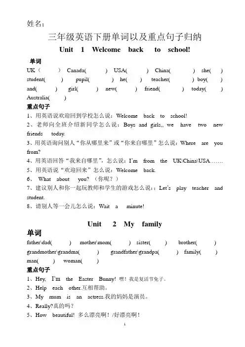 三年级英语下册单词以重点句子归纳