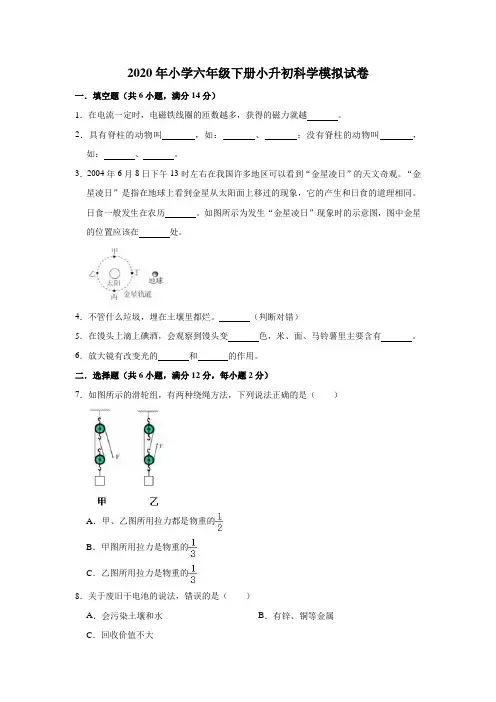 六年级下册科学试题  小升初科学模拟试卷1  人教版 (解析版)