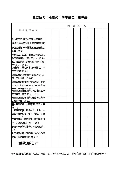 孔家坊乡中小学校中层干部民主测评表