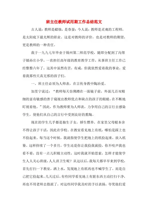 2019年班主任教师试用期工作总结范文
