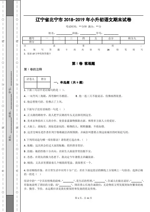 _辽宁省北宁市2018-2019年小升初语文期末试卷
