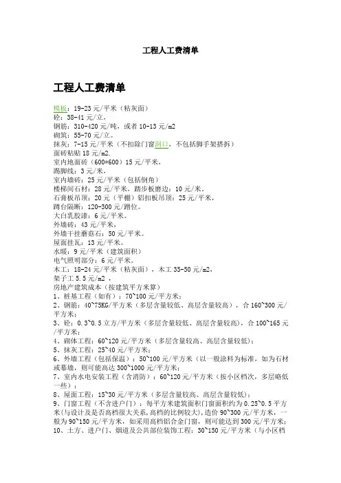 工程人工费清单