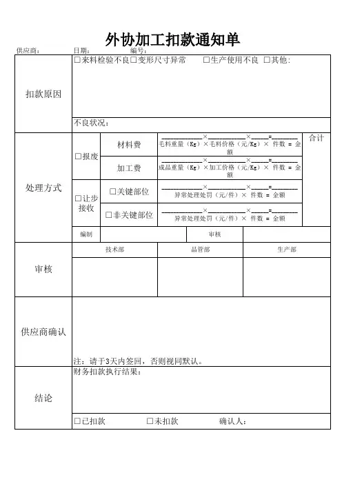 外协扣款通知单